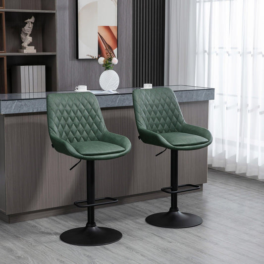 HOMCOM Retro Bar Stools Set of 2, Adjustable Kitchen Stool, Swivel Seat, Green - ALL4U RETAILER LTD