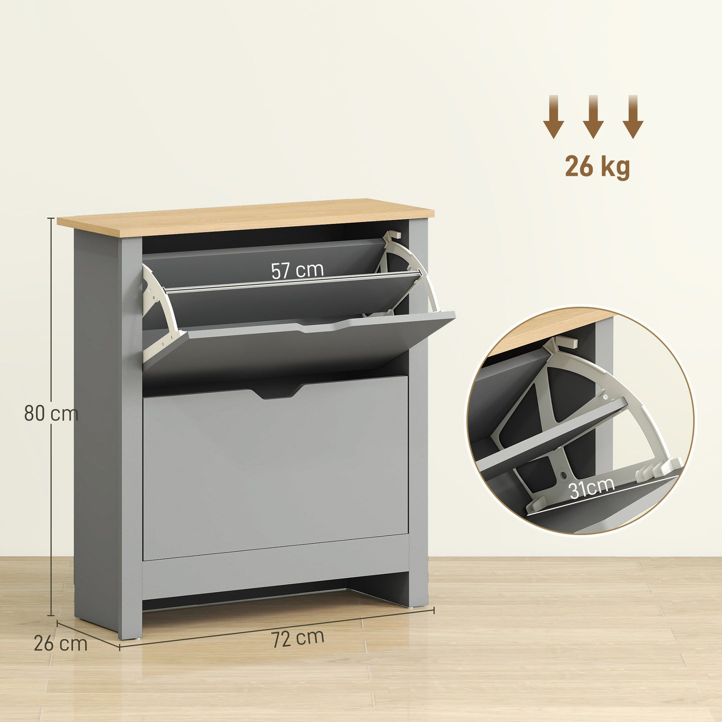 HOMCOM Slim Shoe Cabinet Narrow Shoe Cupboard With 2 Flip Drawers Adjustable Shelves For 12 Pairs Of Shoes Light Grey