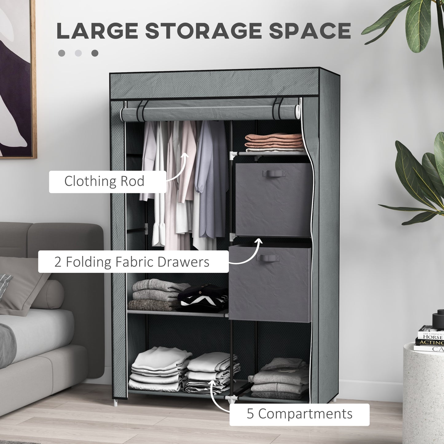 HOMCOM Fabric Wardrobe Portable Clothes Storage With 5 Compartments Hanging Rail And 2 Fabric Drawers Dark Grey