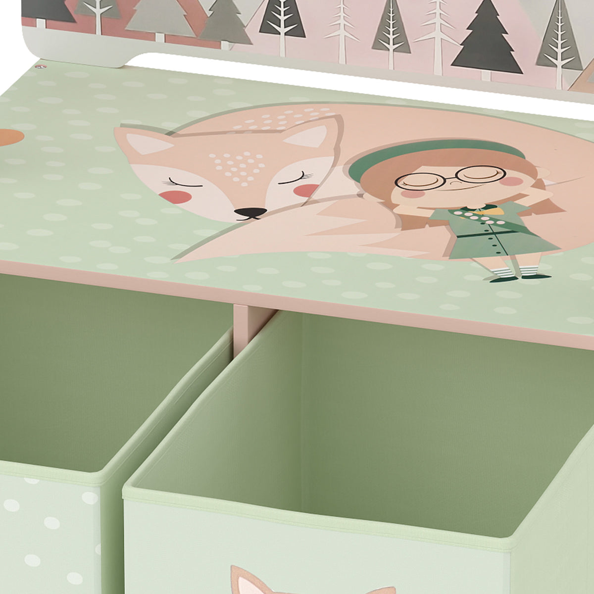 Close-up of open lid inside a pink kids storage bench with green interior