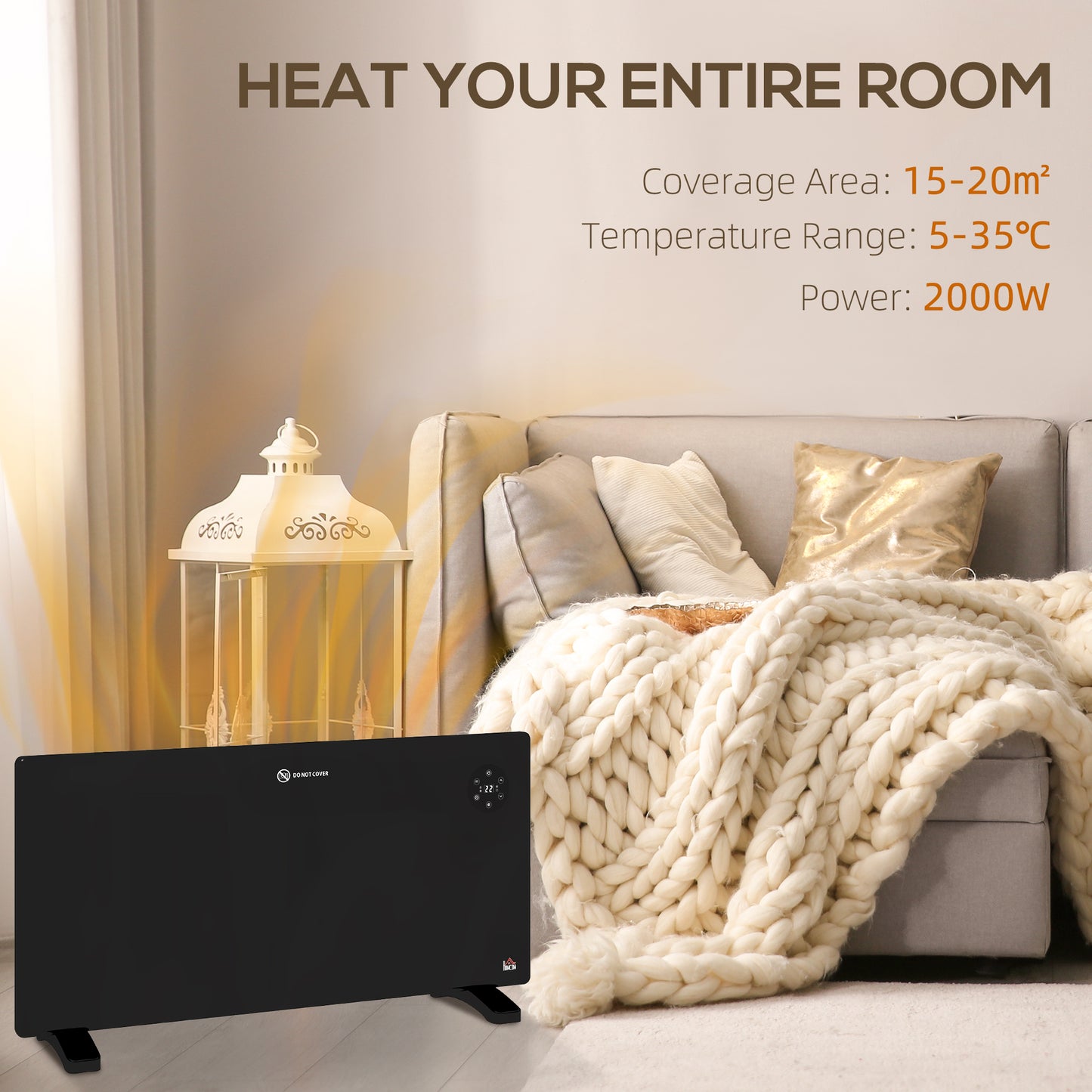 HOMCOM 2000W Electric Convector Heater Freestanding Or Wall Mounted With Adjustable Thermostat And Timer Black