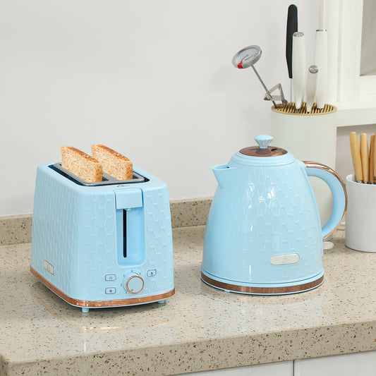 HOMCOM 1.7L 3000W Fast Boil Kettle And 2 Slice Toaster Set With Auto Shut Off And Browning Controls Light Blue
