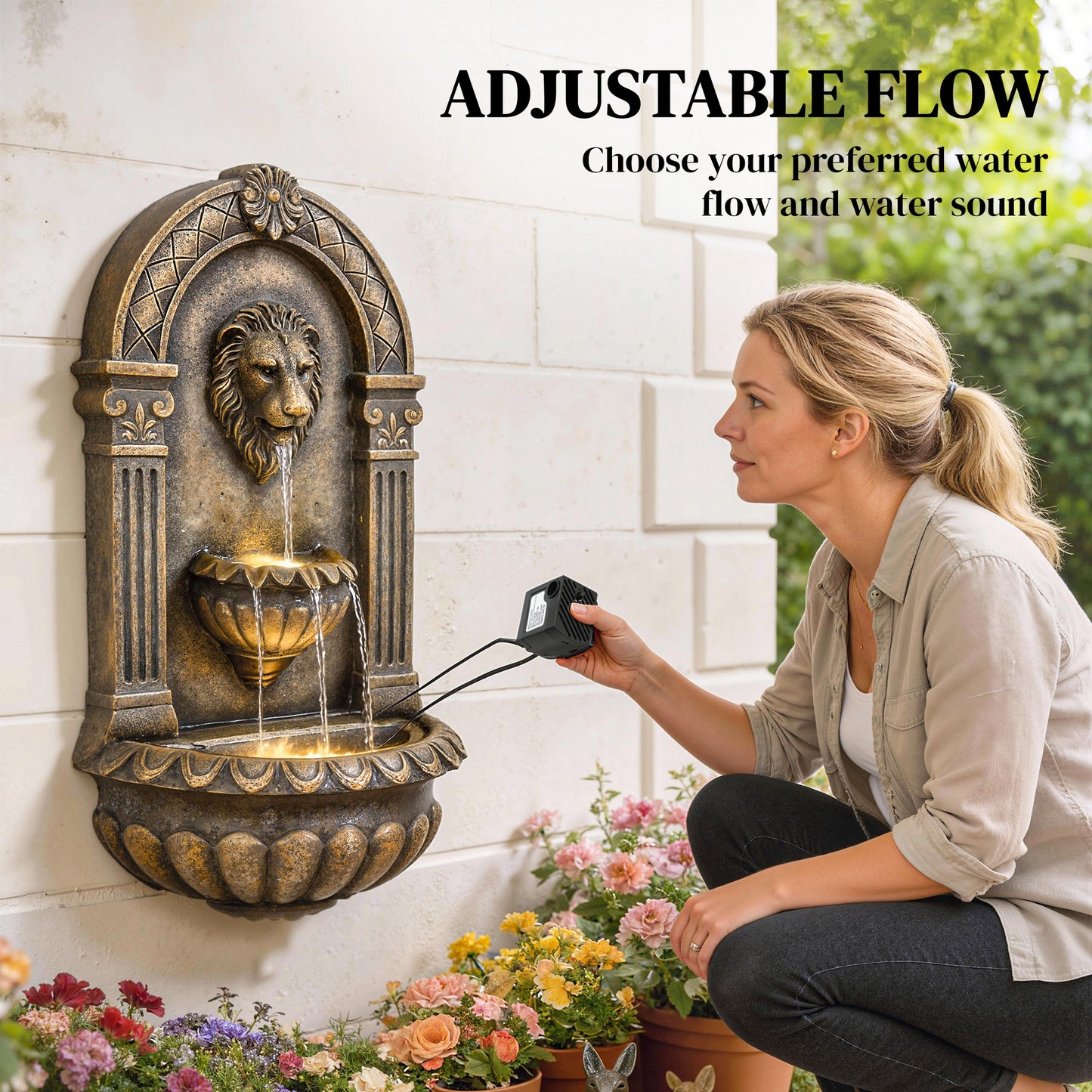 Outsunny Wall Mounted Water Fountain 3 Tier Cascading Waterfall LED Lights And Adjustable Flow For Patio Rustic Brown