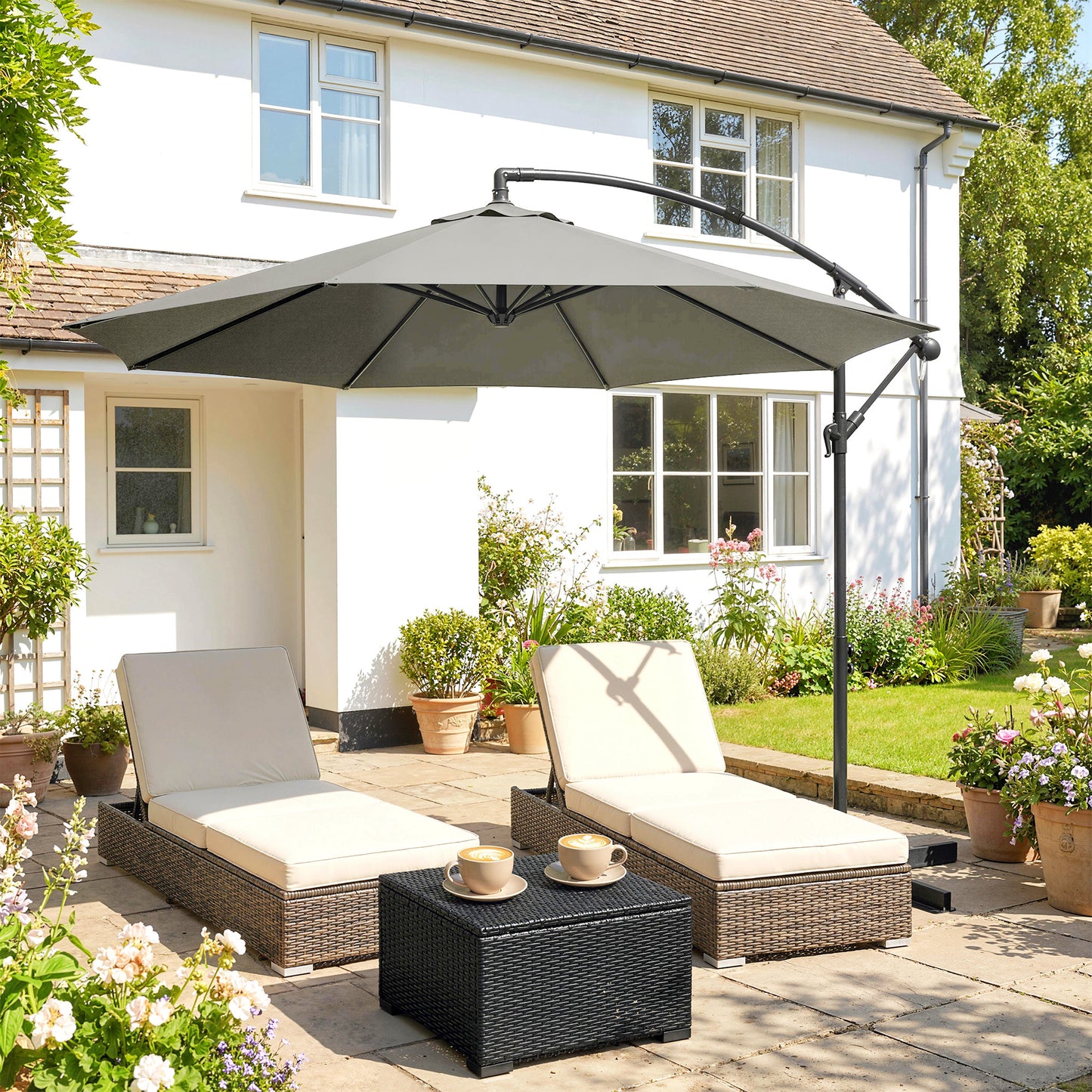 Outsunny 3M Overhanging Cantilever Parasol With Cross Base Light Grey Outdoor Umbrella For Patio