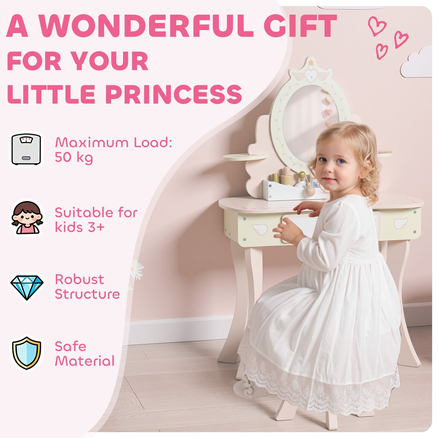 AIYAPLAY Kids Dressing Table Vanity Set With Mirror And Stool Pink Girls Desk With 7 Accessories And Storage