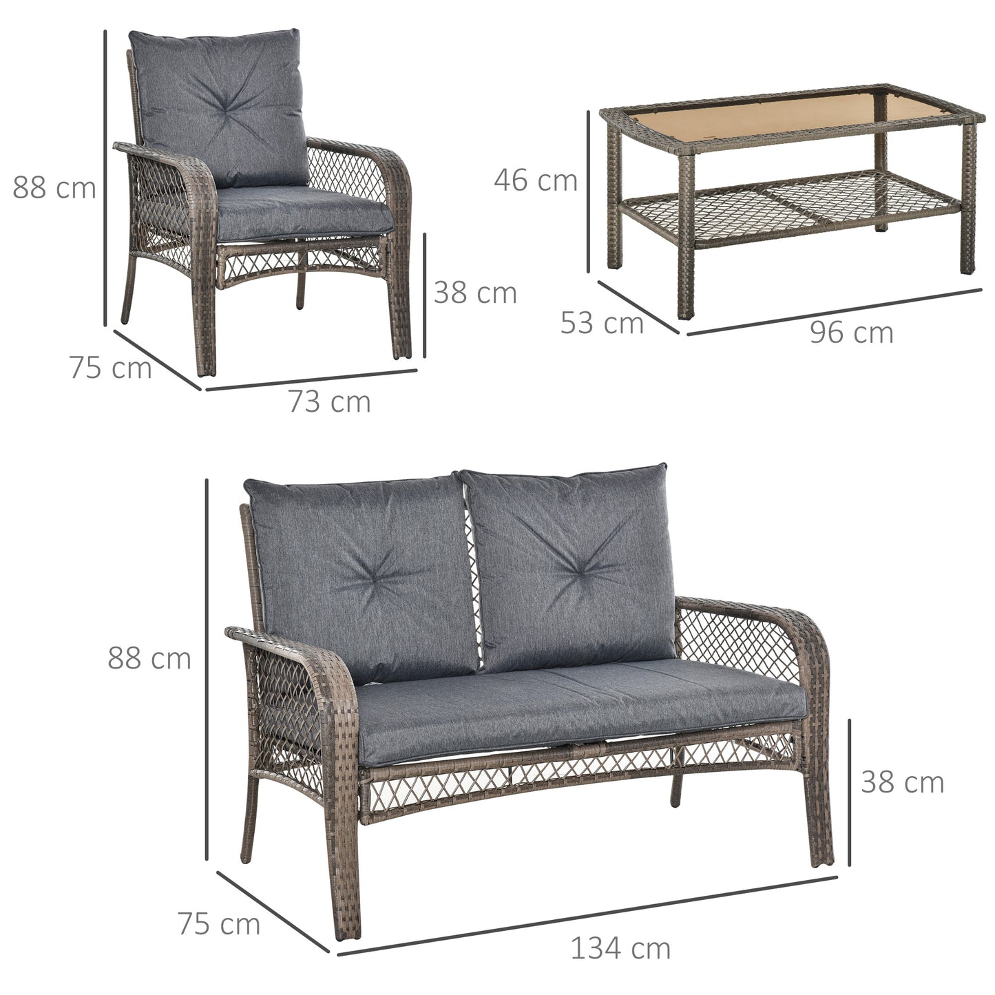 Outsunny 4-Piece Grey Outdoor Rattan Wicker Sofa Set with Cushions and Coffee Table for Garden Patio - ALL4U RETAILER LTD