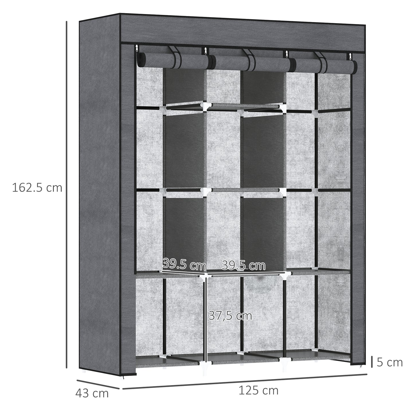 HOMCOM Fabric Wardrobe, with Rails and Shelves - Dark Grey