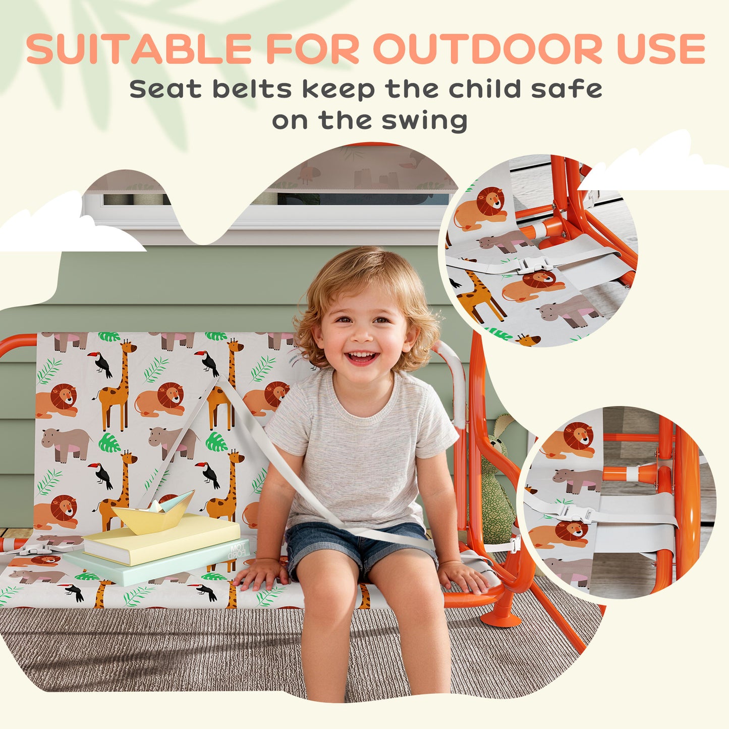 AIYAPLAY 2 Seater Kids Porch Swing With Adjustable Canopy And Seat Belts Outdoor Patio Bench Hammock Orange