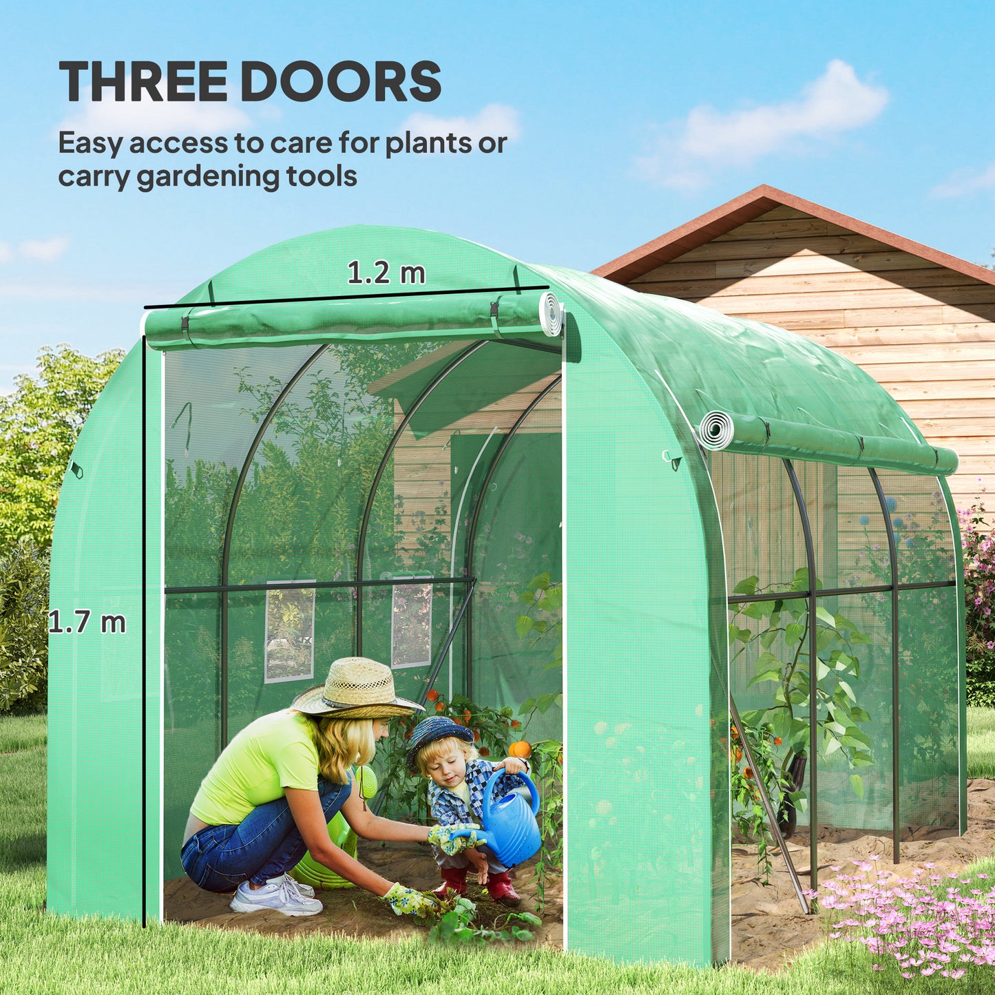 Outsunny 296 x 196cm Steel Frame Polytunnel Greenhouse for Outdoor Gardening and Shelving Green