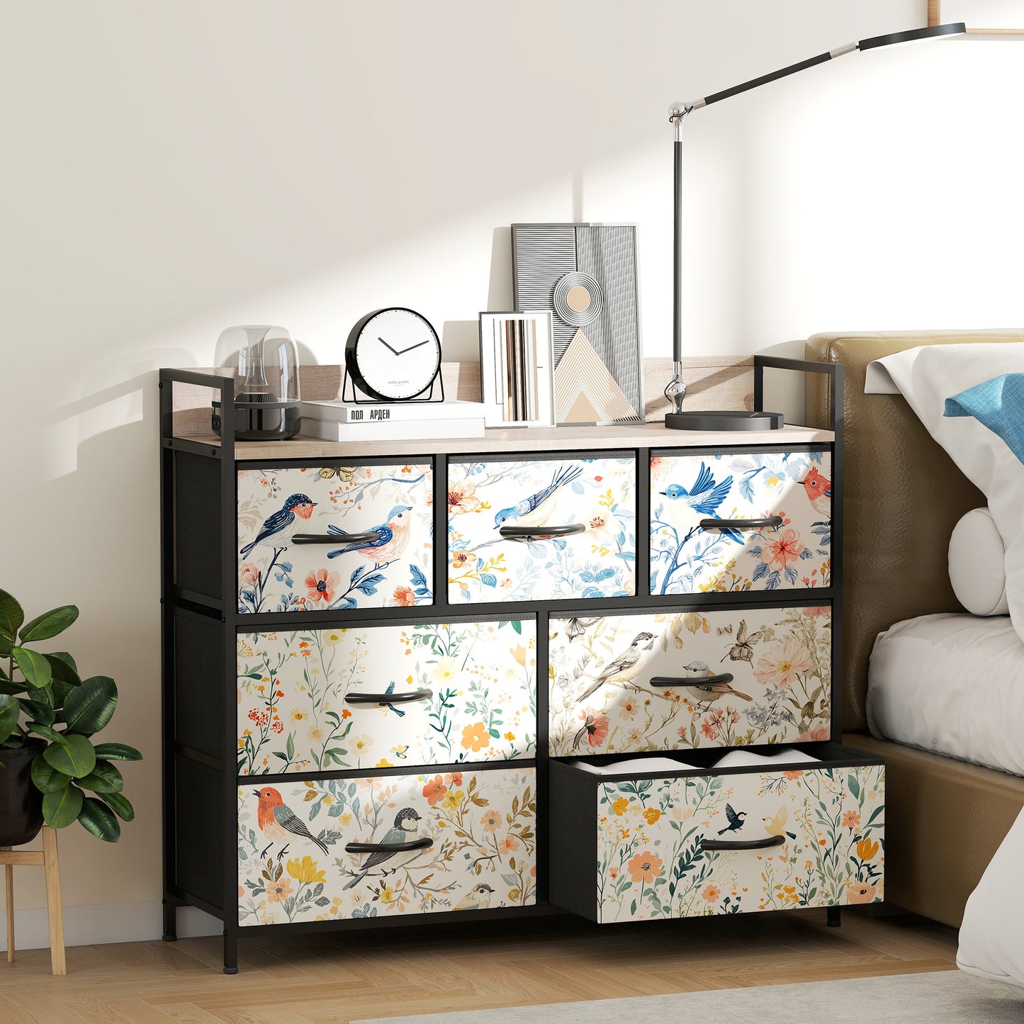 HOMCOM Seven Drawer Fabric Chest Of Drawers In White With Patterned Panels For Bedroom Organization
