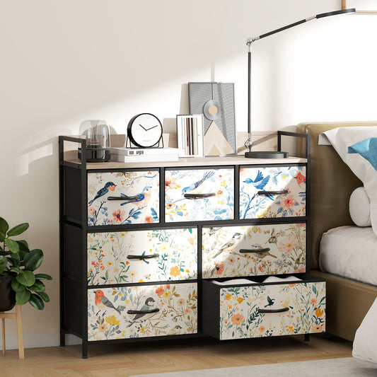 HOMCOM Seven Drawer Fabric Chest Of Drawers In White With Patterned Panels For Bedroom Organization