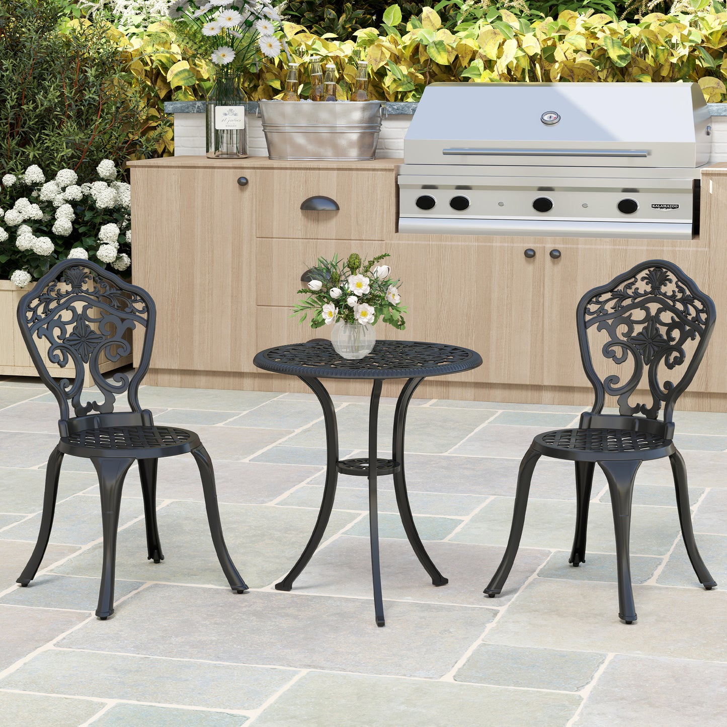 Outsunny Three Piece Aluminium Floral Bistro Set Black Outdoor Patio Furniture With Two Chairs And Table