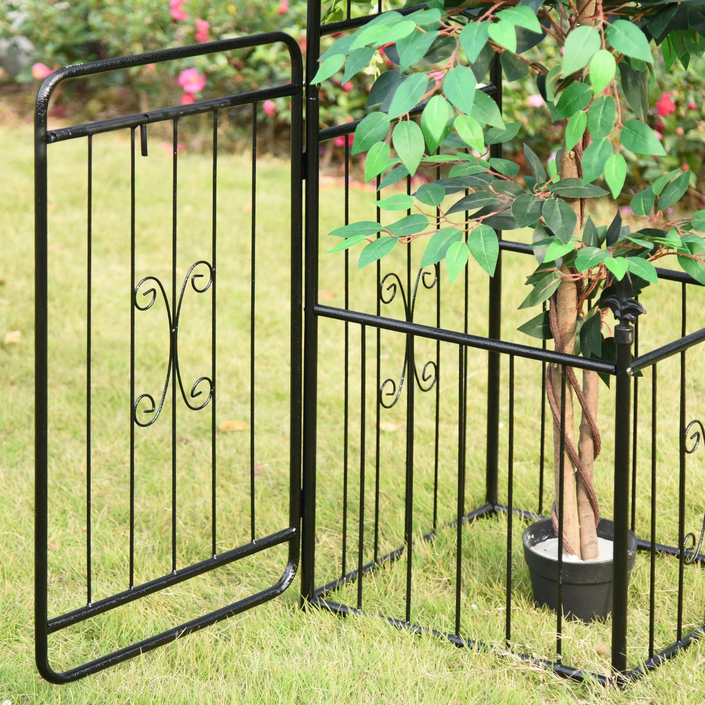 Outsunny Metal Garden Arbor Arch With Double Doors And Two Side Planter Baskets Climbing Vine Frame Black