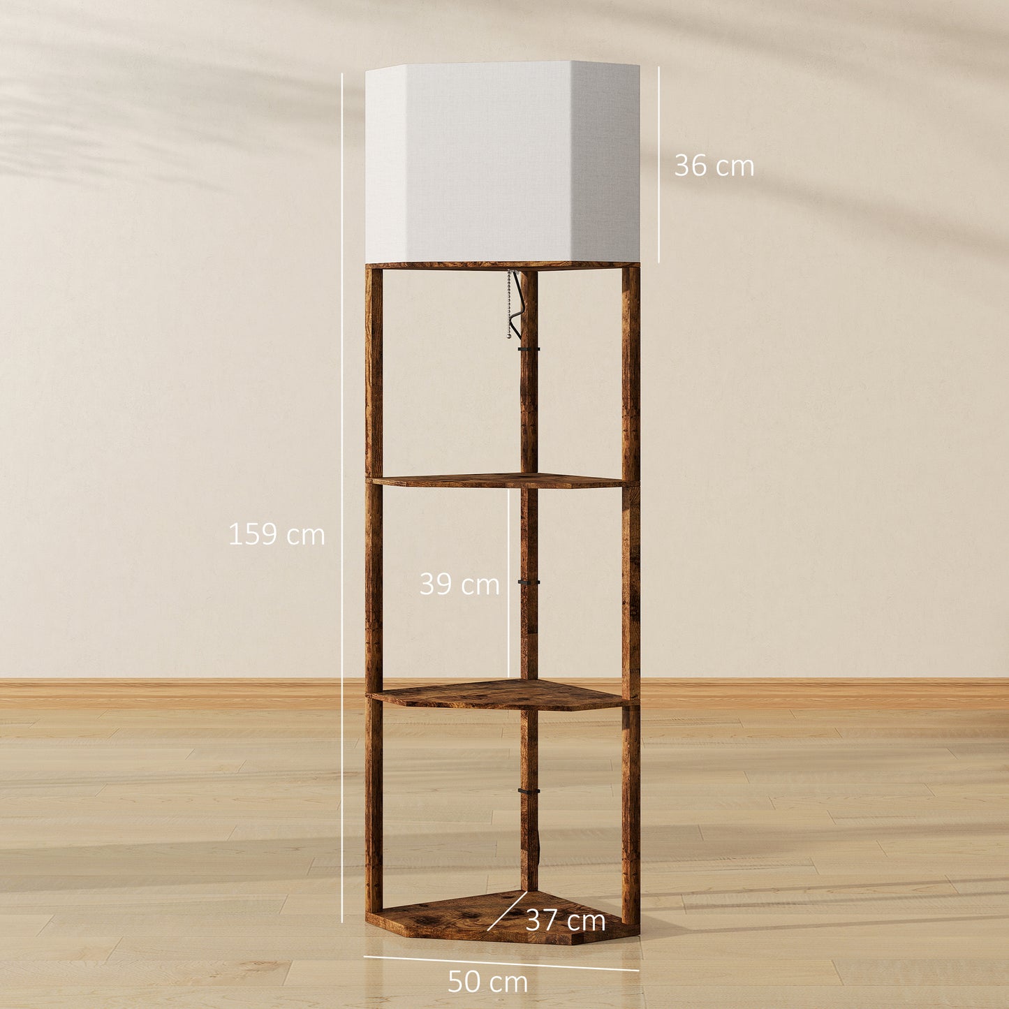 HOMCOM Corner Floor Lamp With Shelves Triangle Wood Effect Design Pull Chain Top Light Soft Fabric Shade