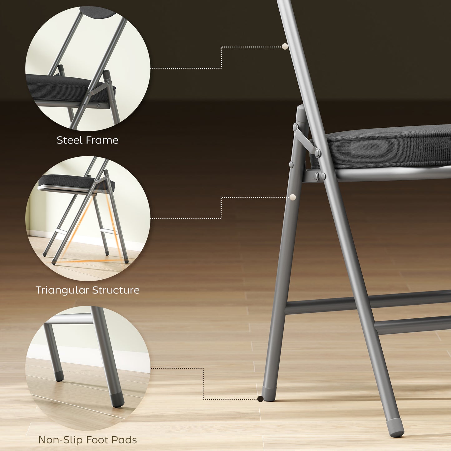 HOMCOM Set of Four Folding Corduroy Seat Chairs Dark Grey With Steel Frame Portable Padded Seating for Dining and Events
