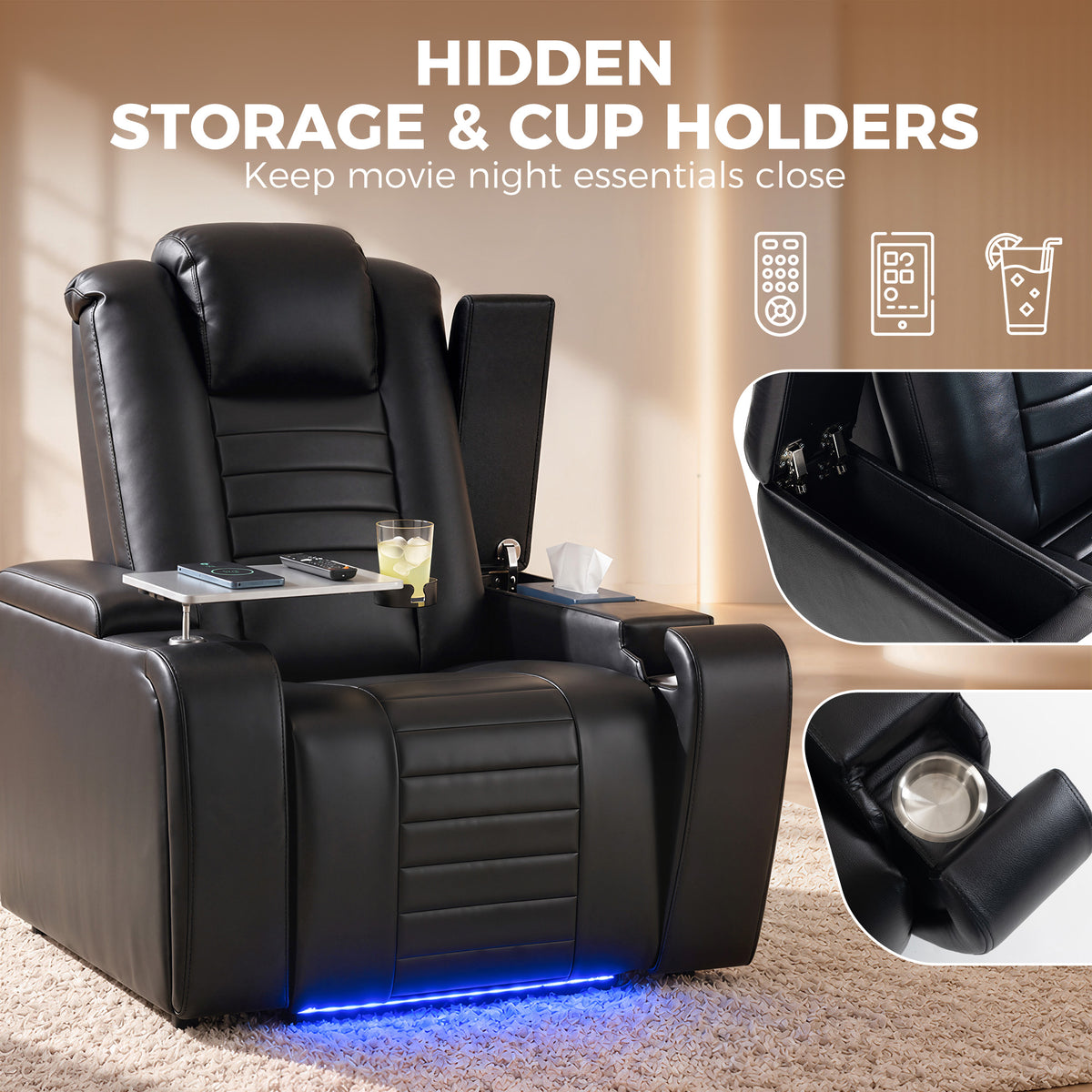 Homcom Electric Recliner Chair With Usb Tray And Led Lights