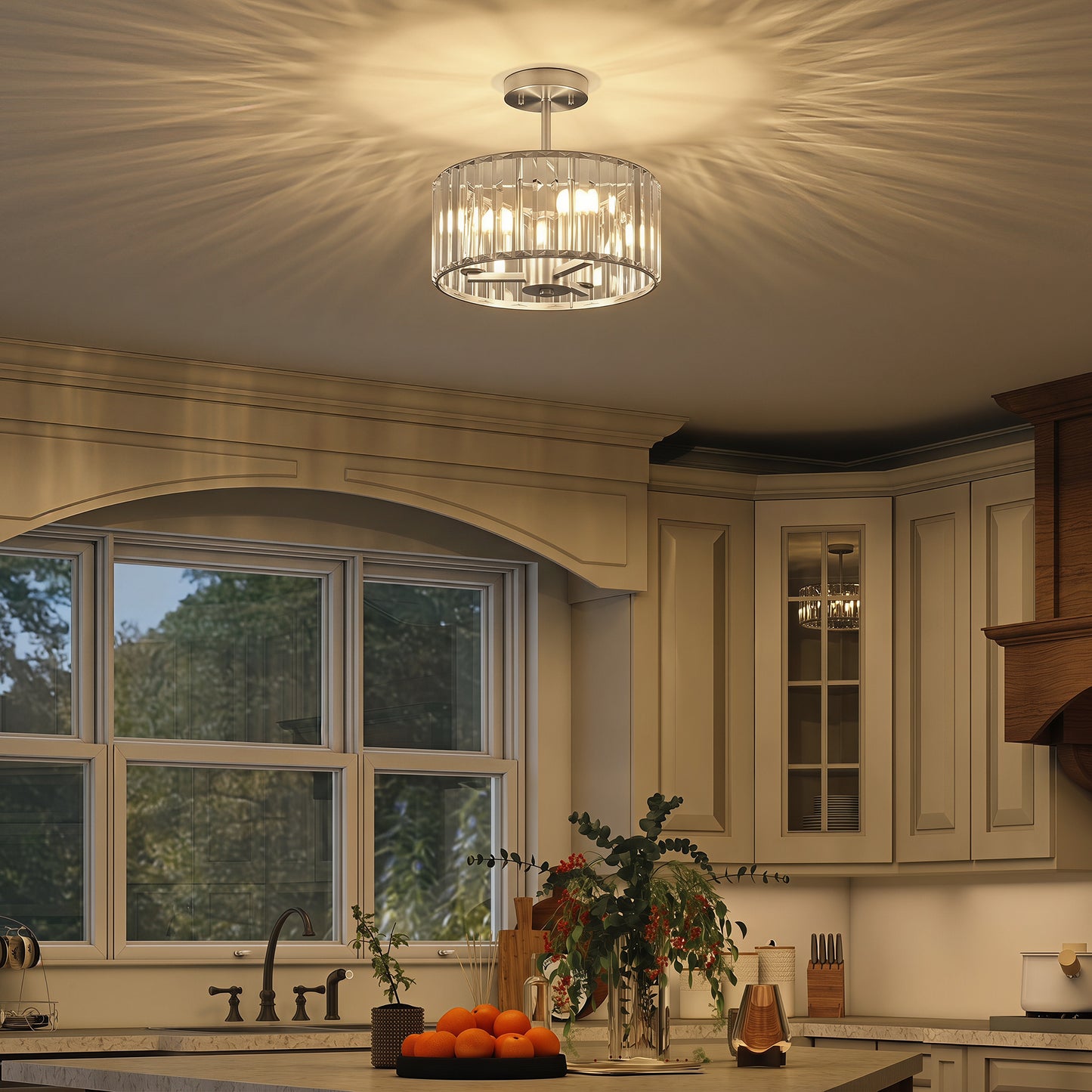 HOMCOM Semi Flush Mount Modern Crystal Chandelier Ceiling Light With E14 Base Silver Tone