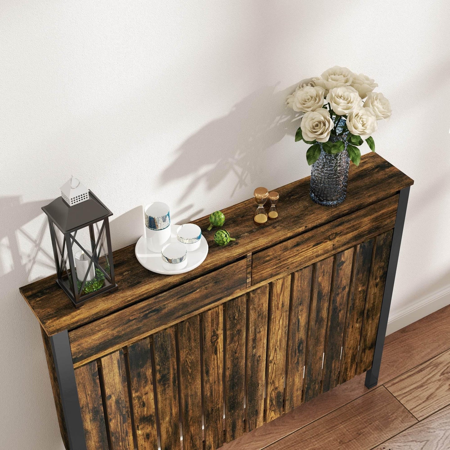 HOMCOM Industrial-Style Wooden Radiator Cover with Storage Drawers - Brown/Black - ALL4U RETAILER LTD
