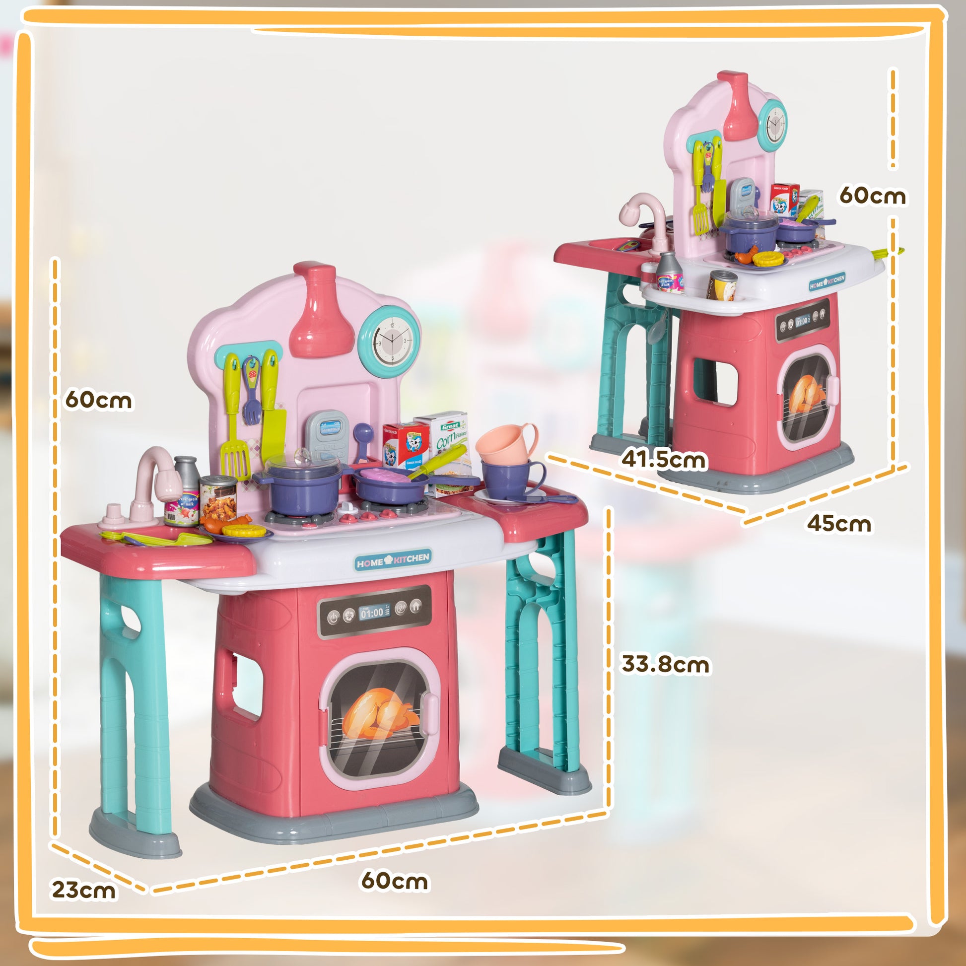 AIYAPLAY Toddler Pretend Play Kitchen Set with 45 Accessories, Light, Sound, and Spray Effects - Pink Kitchen for Kids Aged 3-6 Years - ALL4U RETAILER LTD