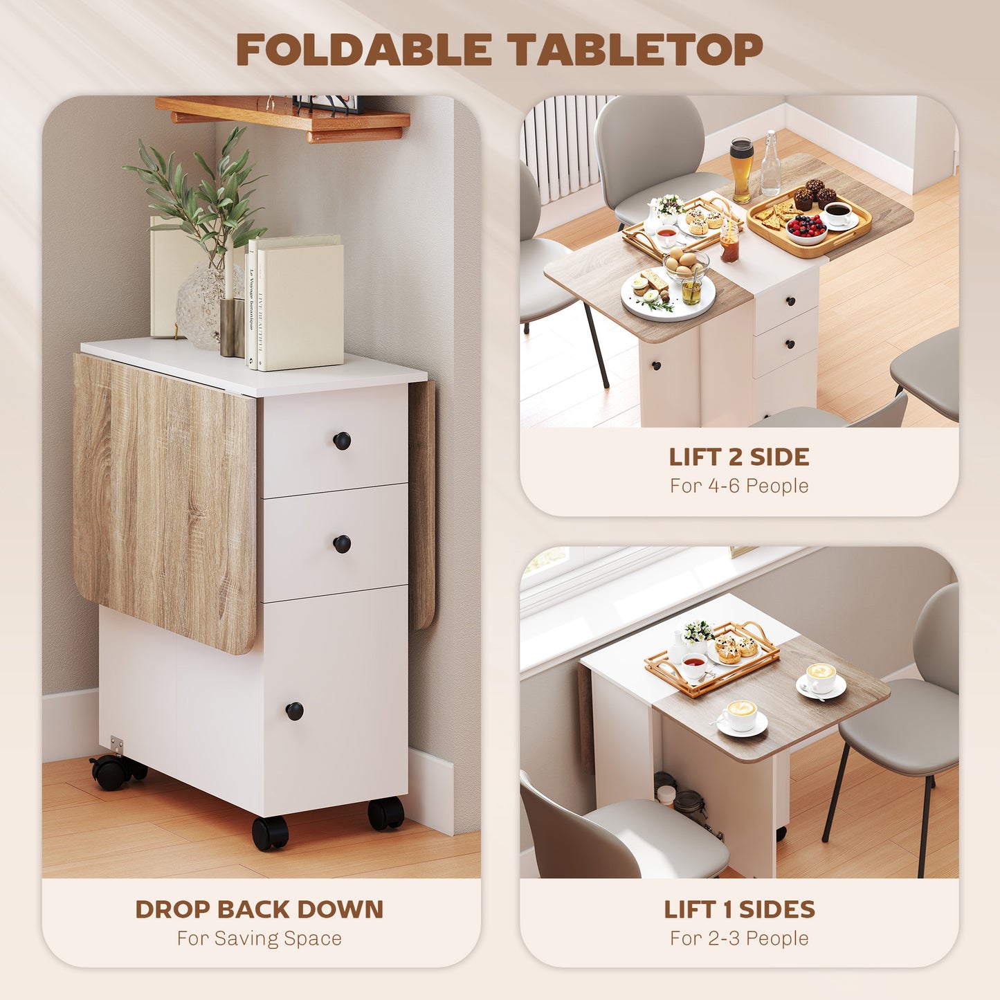 HOMCOM Multi Storage Drop Leaf Dining Table for Six Oak and White Space Saving Folding Table with Dual Leaves