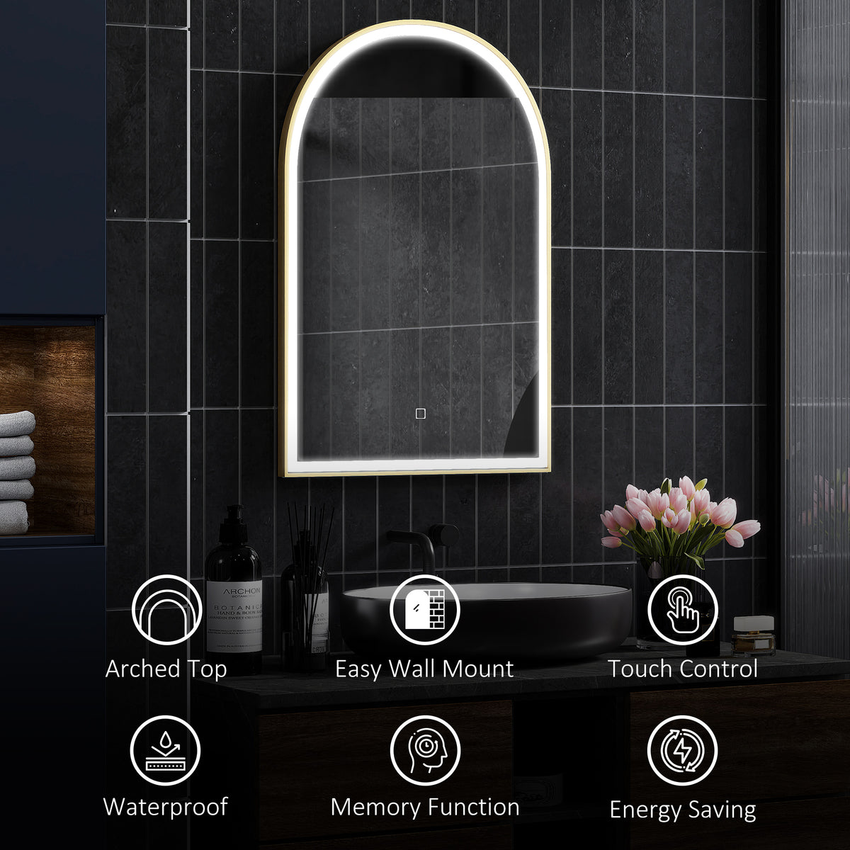 Arched gold LED bathroom mirror with touch controls on bathroom wall