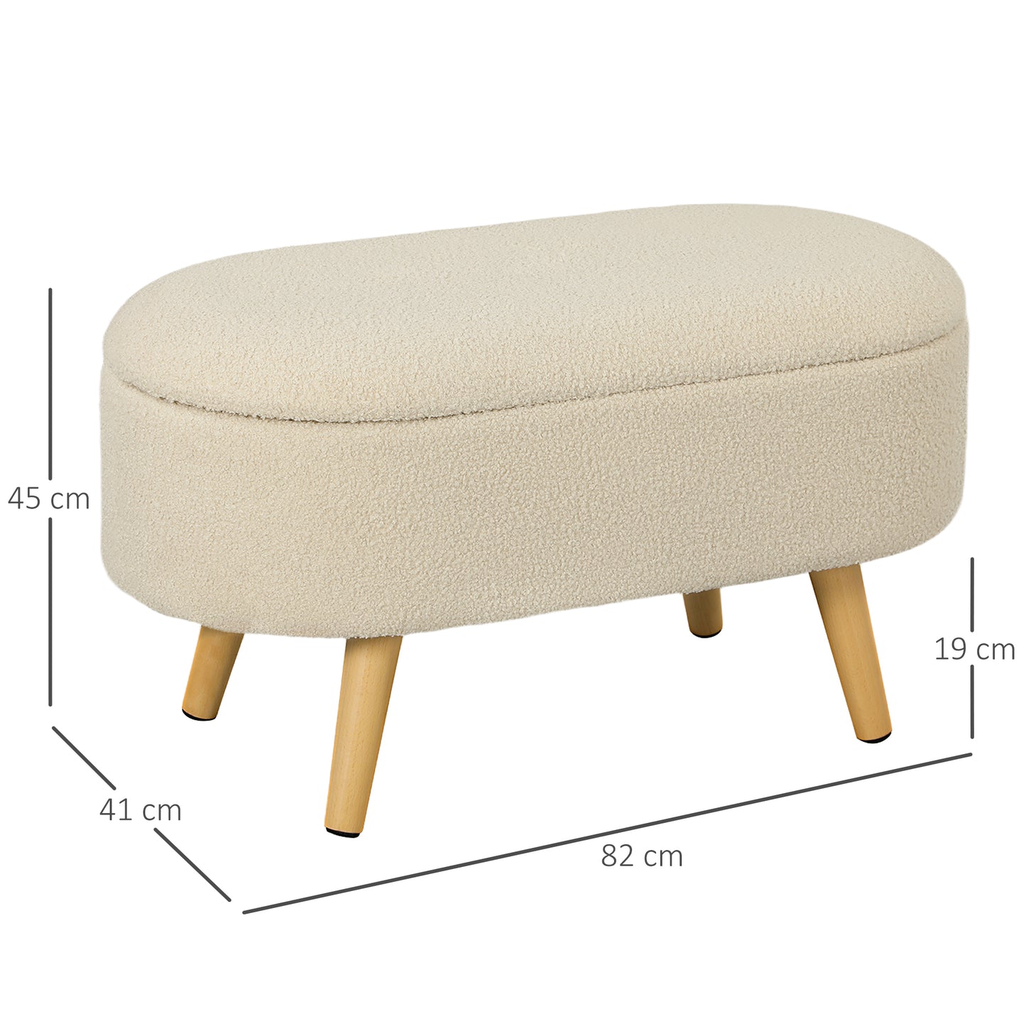 HOMCOM Teddy Fleece Storage Ottoman Cream White With 72 x 32 Cm Inner Storage And Padded Seat On Pine Wood Legs