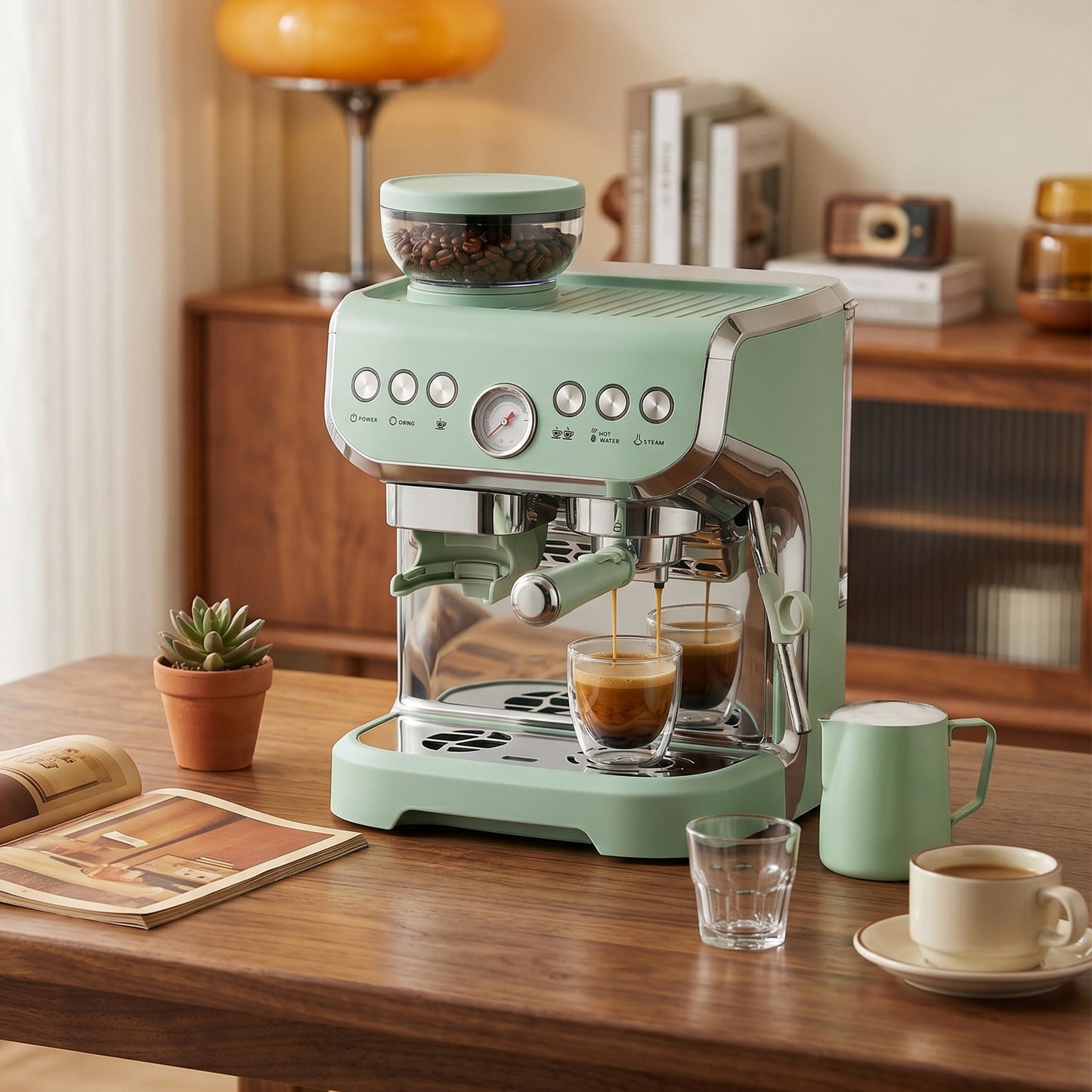HOMCOM Bean To Cup Coffee Machine With Integrated Grinder And Steam Wand 15 Bar Pressure Light Green