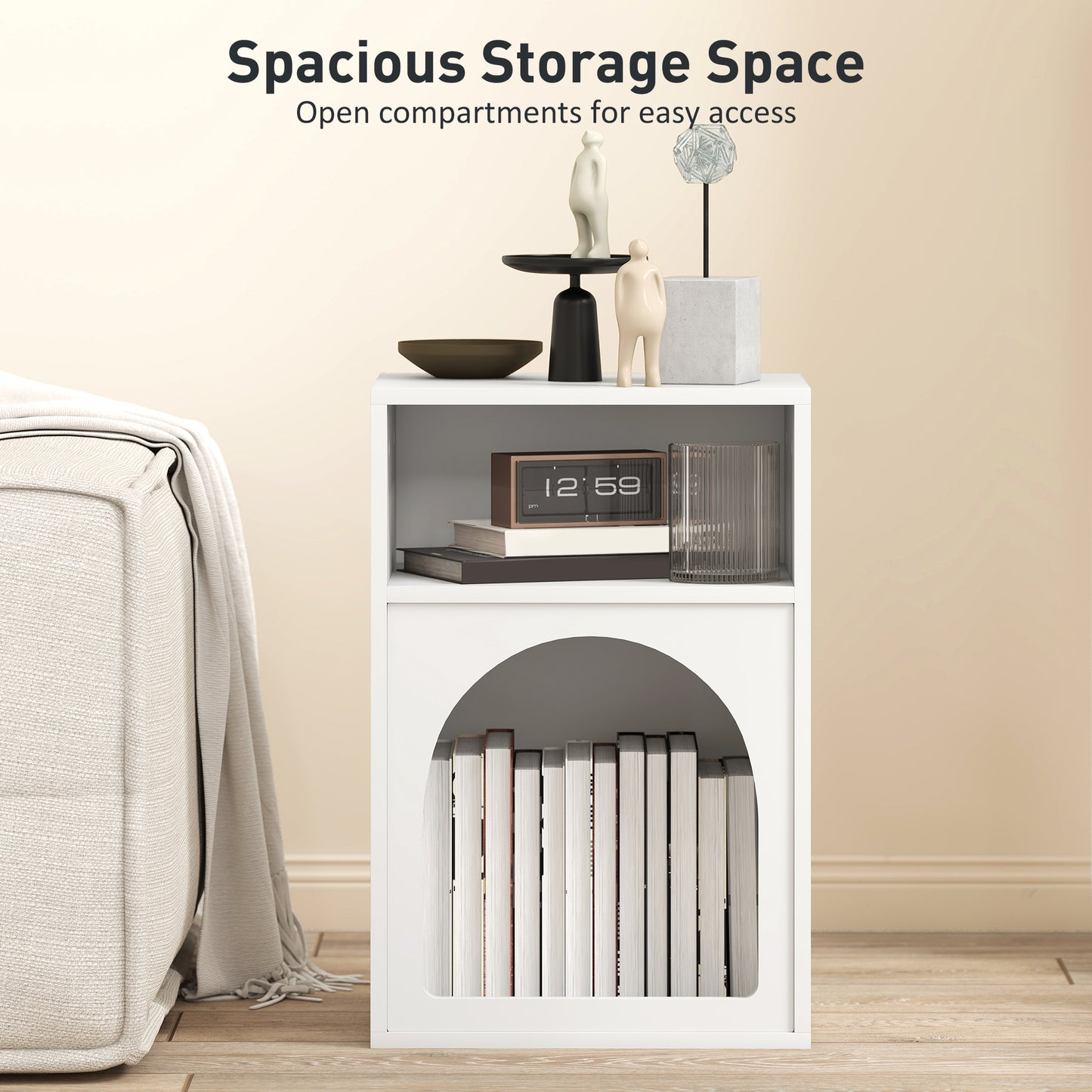 HOMCOM Bedside Table With Arch Design And Two Open Compartments In White For Cozy Storage And End Table Use