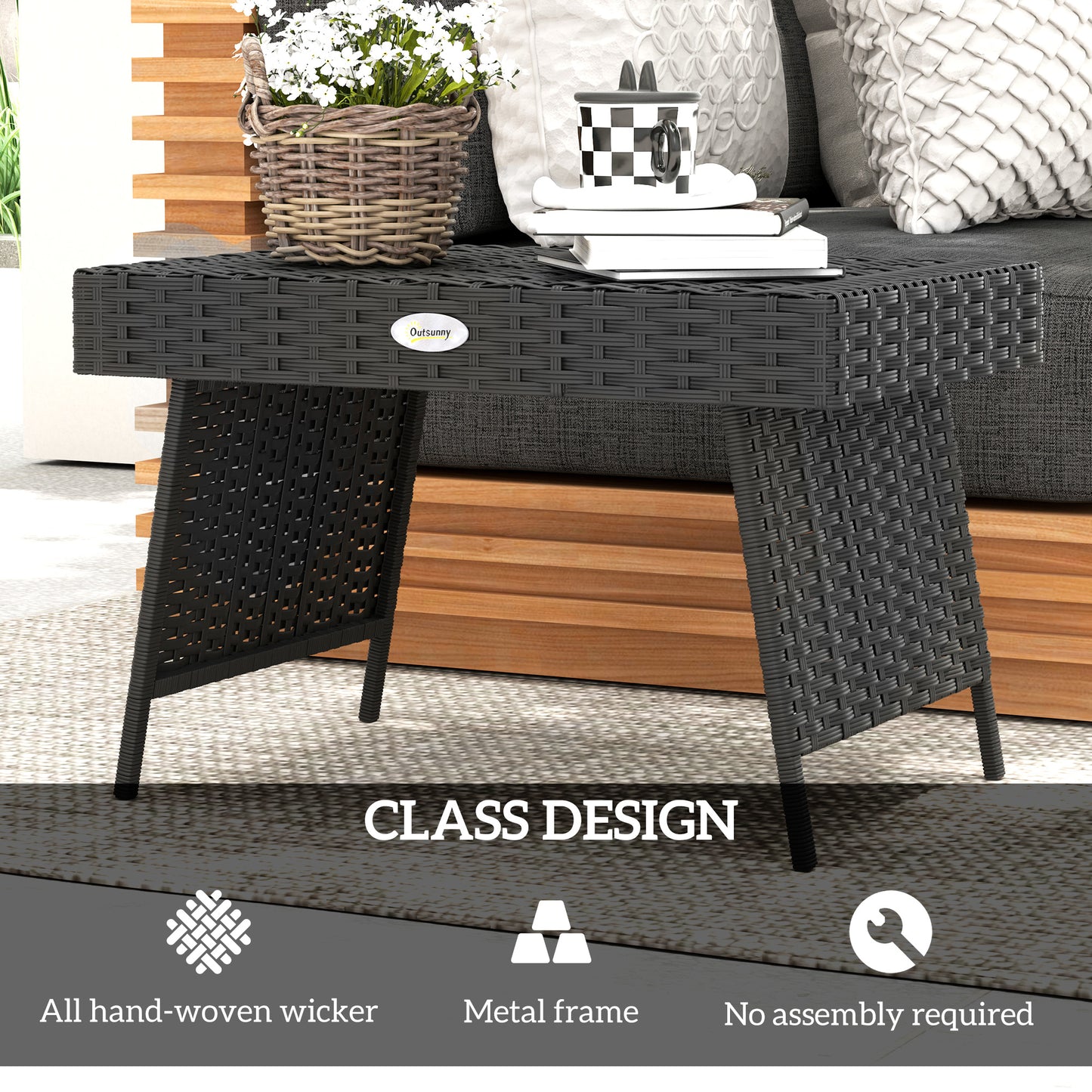 Outsunny Foldable Outdoor Side Table Rattan Garden Table With Steel Frame Space Saving Patio Balcony Black 60x41x41 Cm