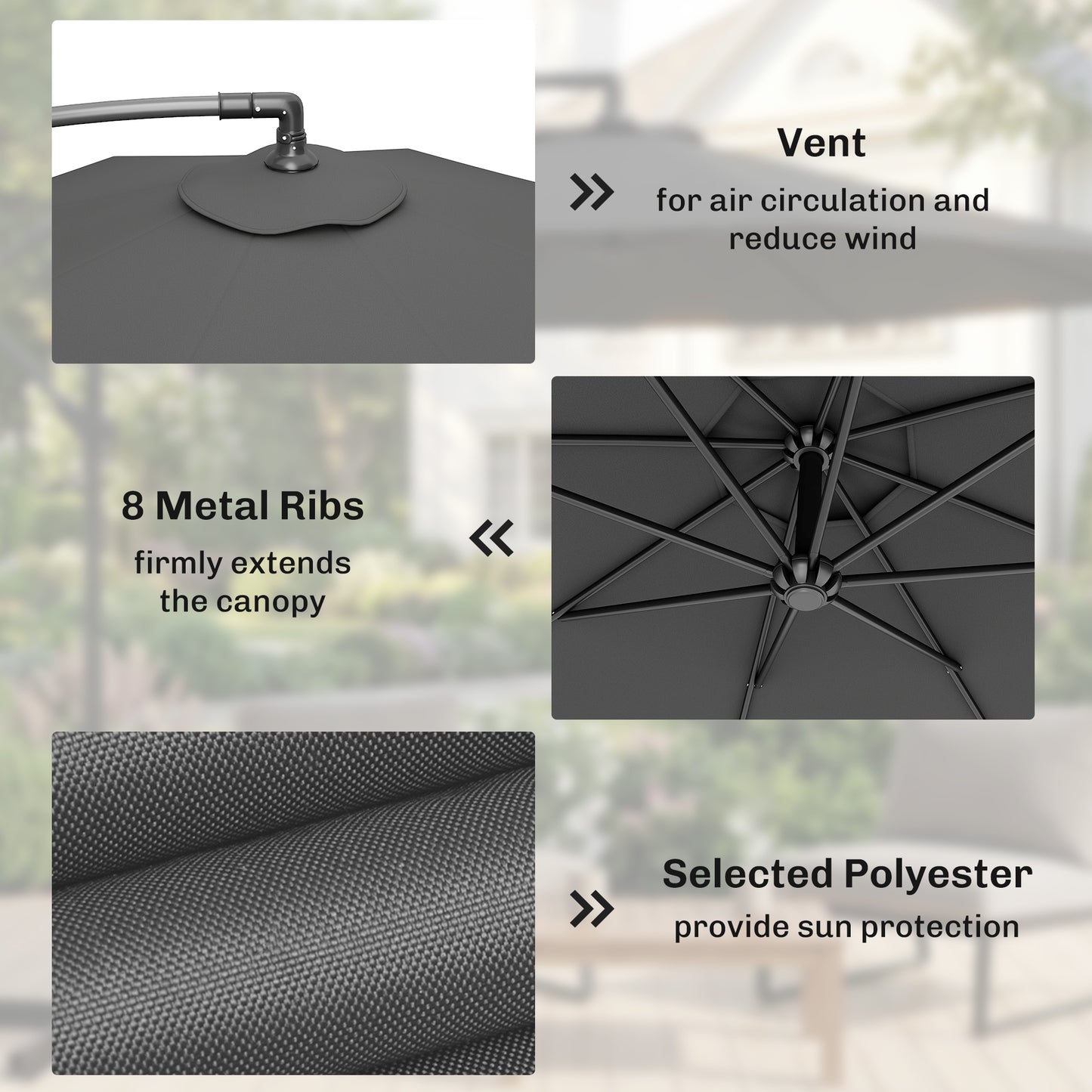 Outsunny 3m Overhanging Cantilever Parasol With Cross Base Grey For Patio And Garden Sun Shade 8 Rib Thick Fabric Canopy