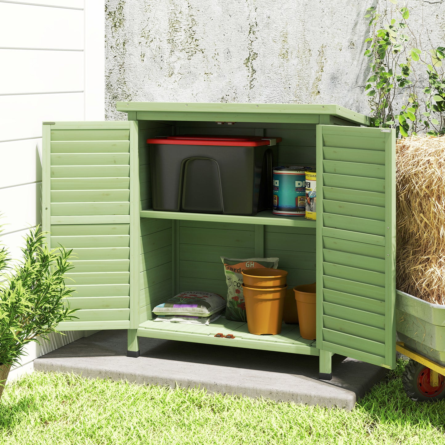 Outsunny Garden Storage Cabinet Solid Fir Wood With Protective Top Coat 2 Door Green 87L x 46.5W x 96.5H cm