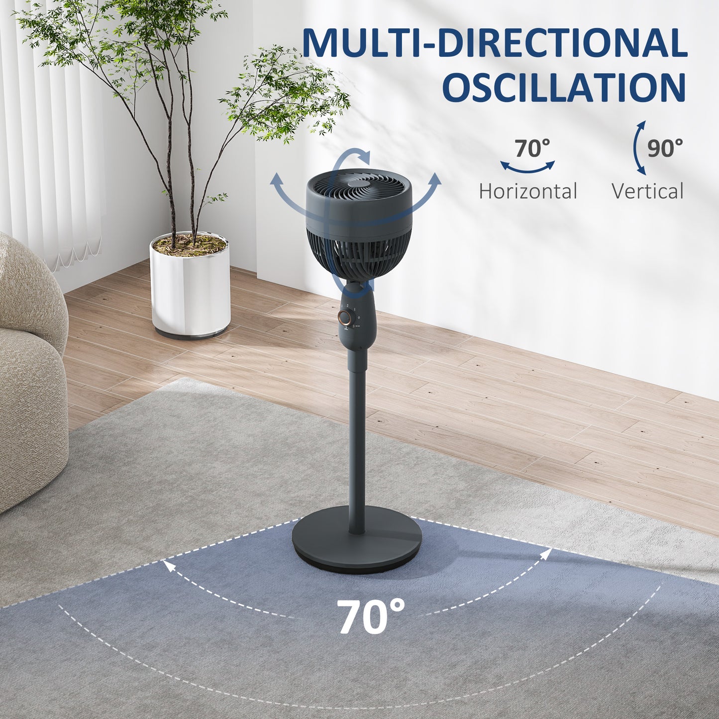 HOMCOM 12 Inch Pedestal Fan With 3 Speeds, Oscillating Floor Standing Air Circulator For Bedroom Office Grey