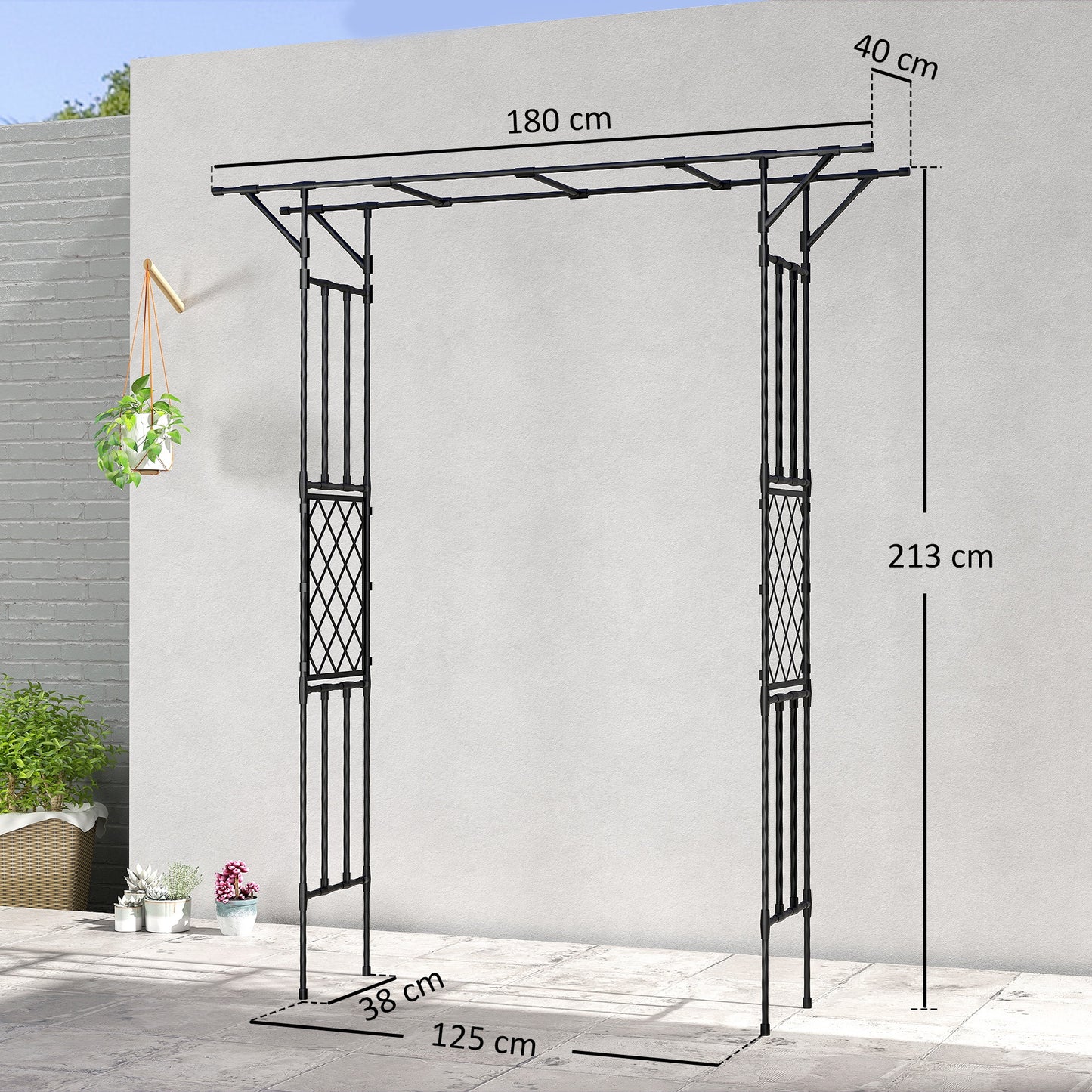 Outsunny Garden Arch With Trellis For Climbing Plants PE Coated Steel Arbour Black 180 x 40 x 215 cm