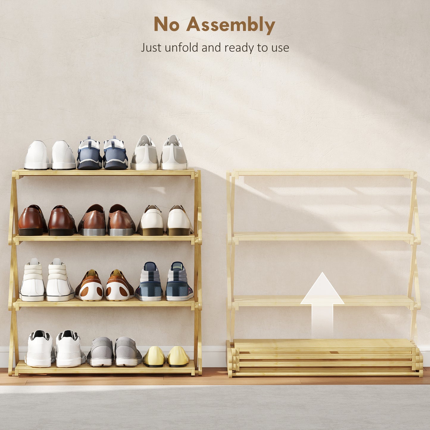HOMCOM Four Tier Folding Bamboo Shoe Rack Natural Finish Space Saving Organizer for Boots and Shoes
