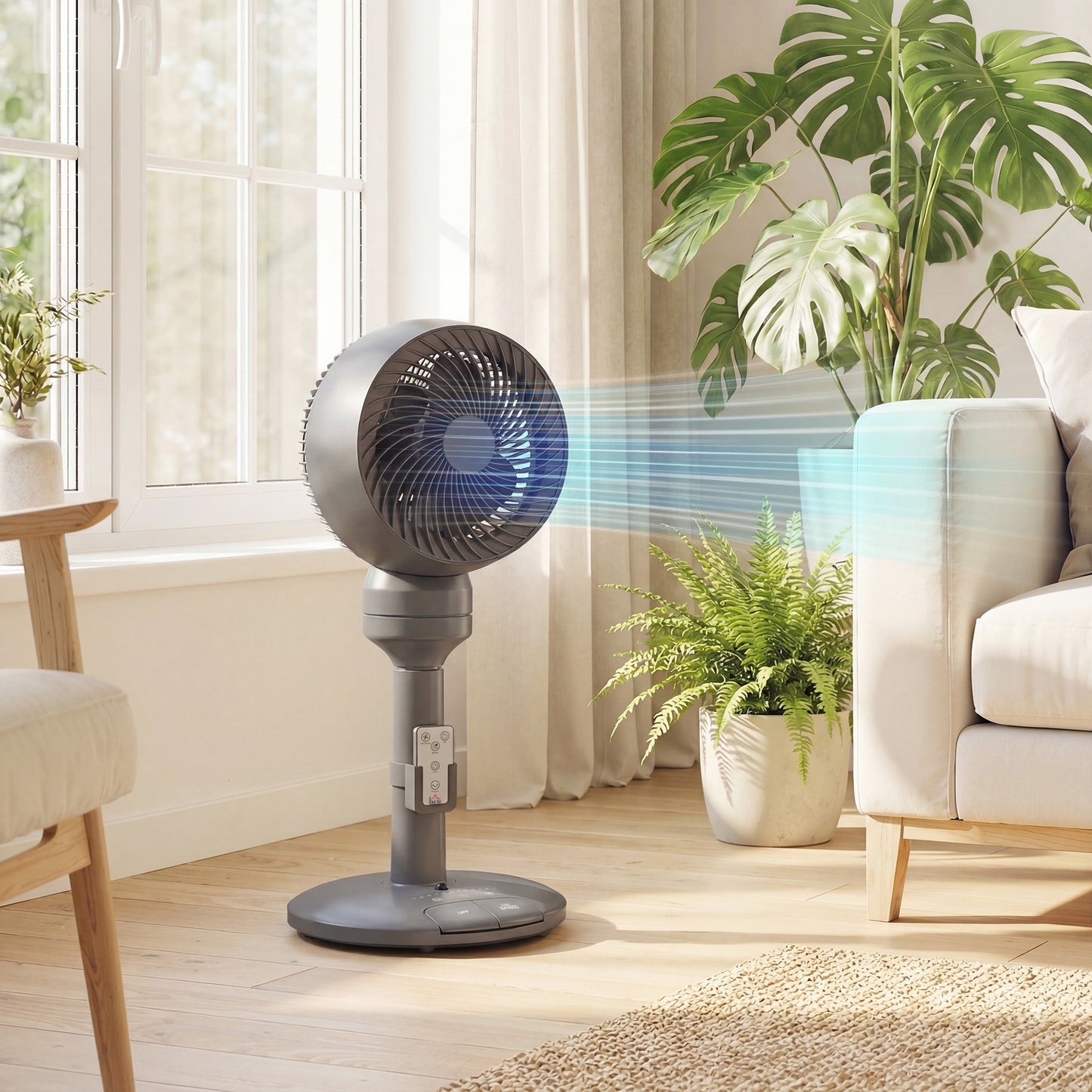 HOMCOM Air Circulator Pedestal Fan With Remote Control 3 Speeds 3 Modes 9 Inch Grey For Home Office