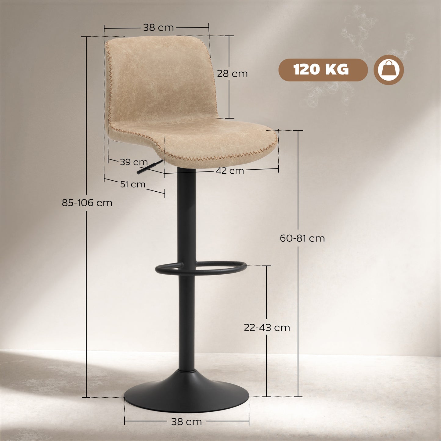 HOMCOM Bar Stools Set of 2 PU Leather With Backrest and Footrest Adjustable Height for Kitchen Counter Light Brown
