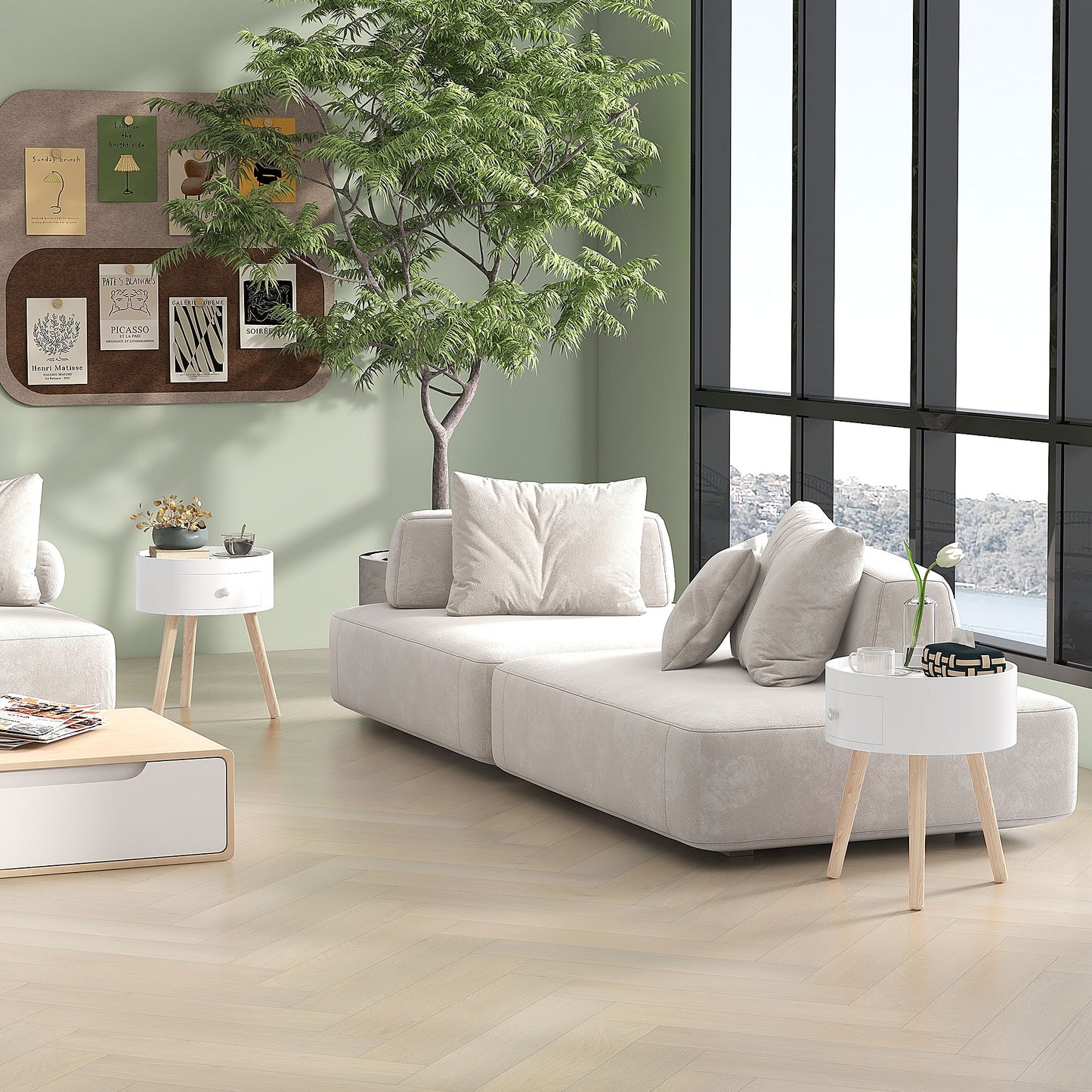 HOMCOM Round End Tables Set Of 2 With Drawer And Wood Legs White Modern Small Coffee Tables For Living Room Bedroom