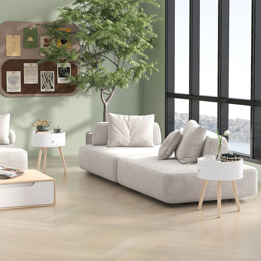HOMCOM Round End Tables Set Of 2 With Drawer And Wood Legs White Modern Small Coffee Tables For Living Room Bedroom