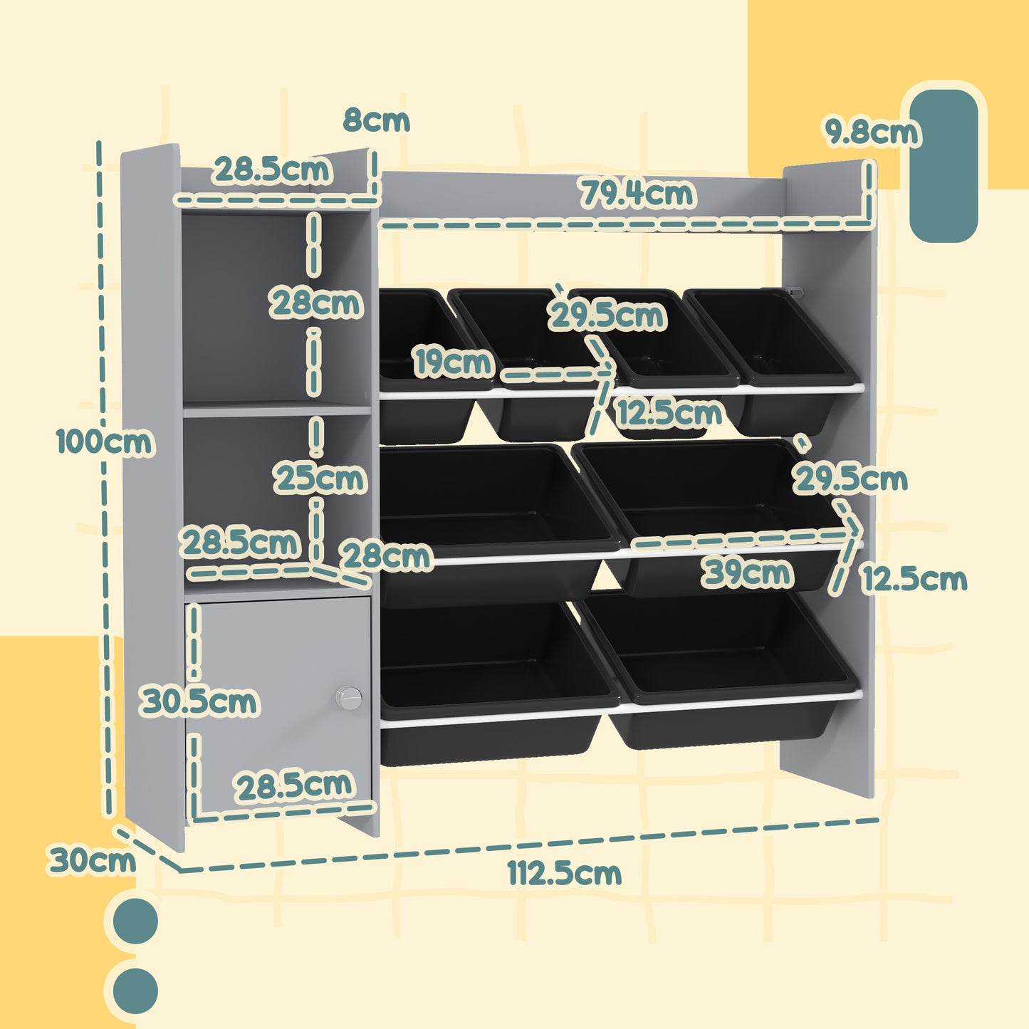 AIYAPLAY Toy Storage Unit With 8 Removable Bins Storage Shelves And Cabinet In Grey