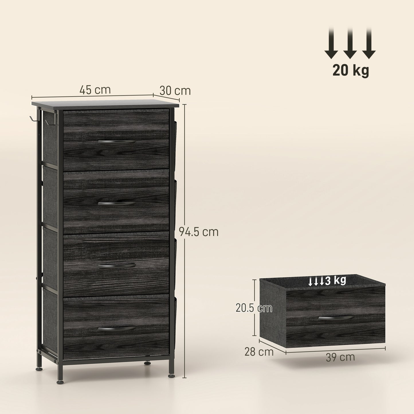 HOMCOM Four Fabric Drawer Chest With Steel Frame Four Side Pockets And Two Hooks Black