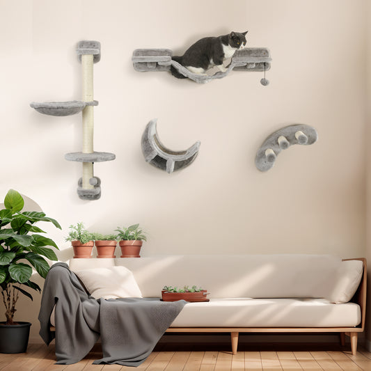 PawHut Grey 4-Piece Wall-Mounted Cat Furniture Set - ALL4U RETAILER LTD