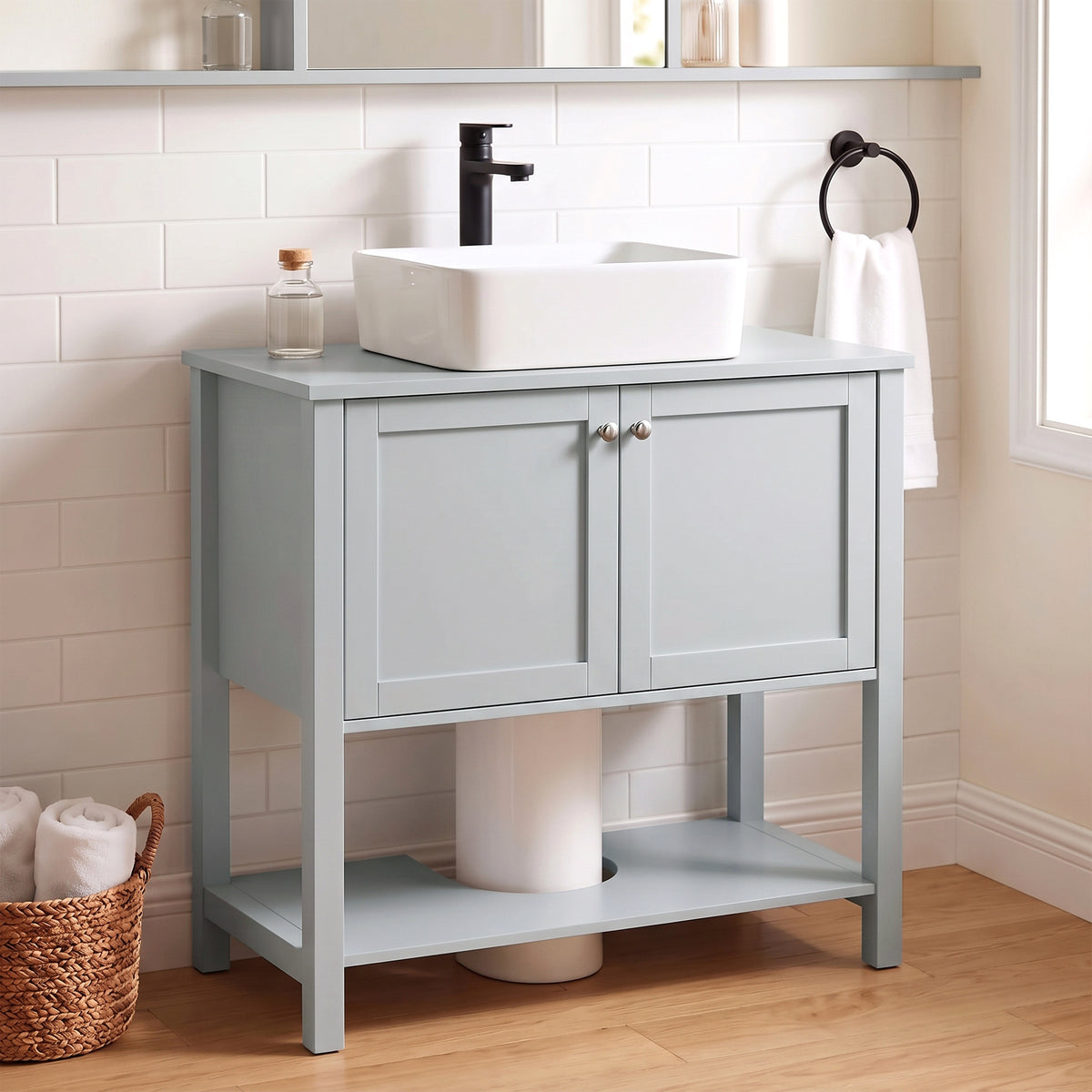 Light blue under-sink cabinet with two doors, open shelf, and U-shaped cutout
