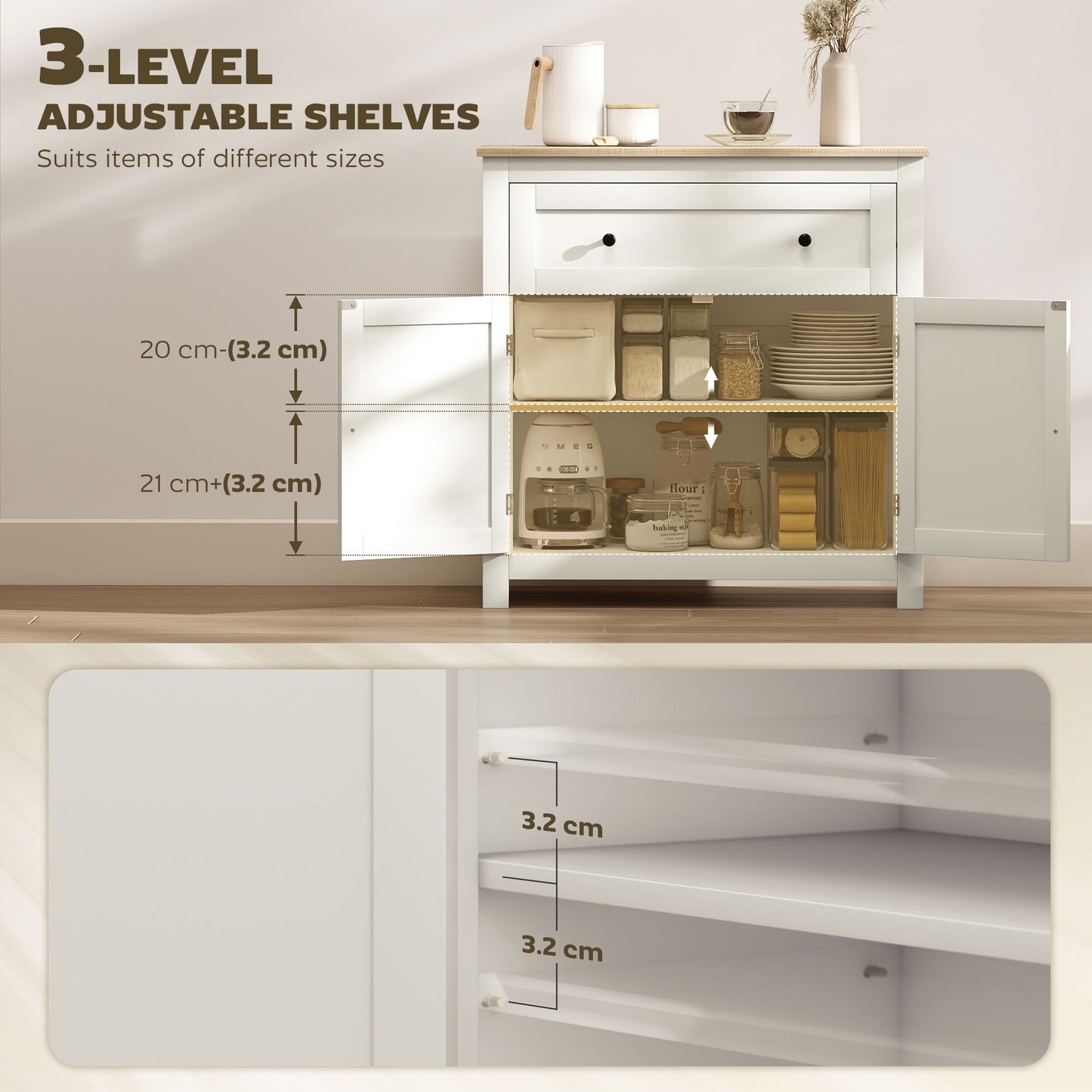 HOMCOM Cream White Sideboard Storage Cabinet With Adjustable Shelf Drawer And Double Doors For Kitchen Dining Living