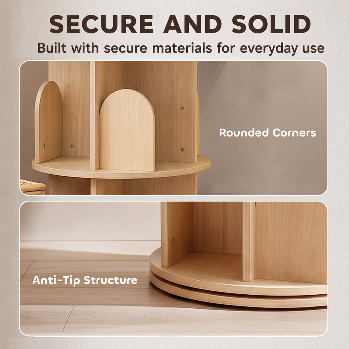 Round kids bookshelf with arched dividers and smooth corners, light wood storage