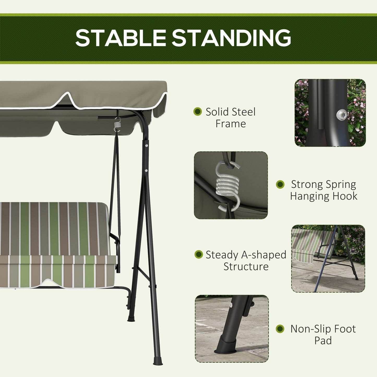 Outsunny Three Seater Garden Swing Chair With Adjustable Canopy And Padded Seat For Outdoor Patio Green
