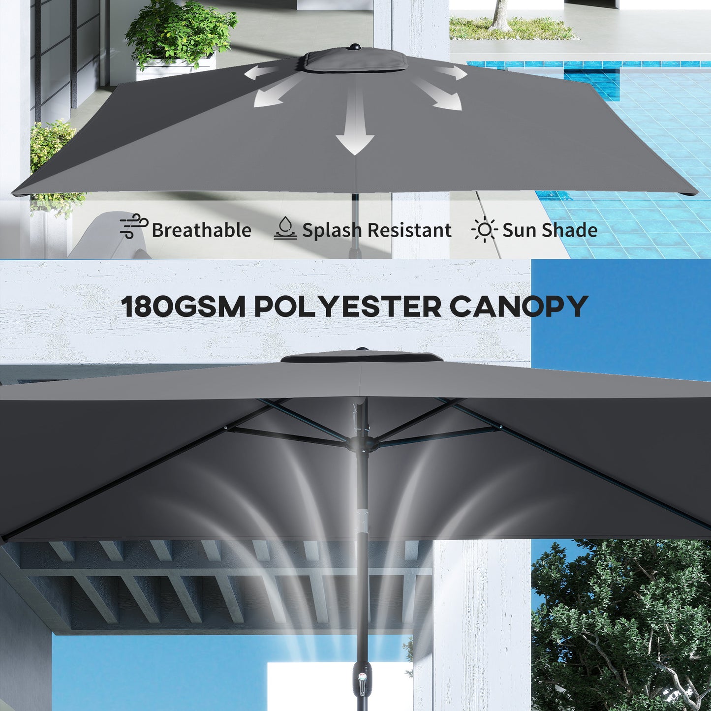 Outsunny Garden Parasol With Crank Handle Tilt Function Polyester Canopy Dark Grey