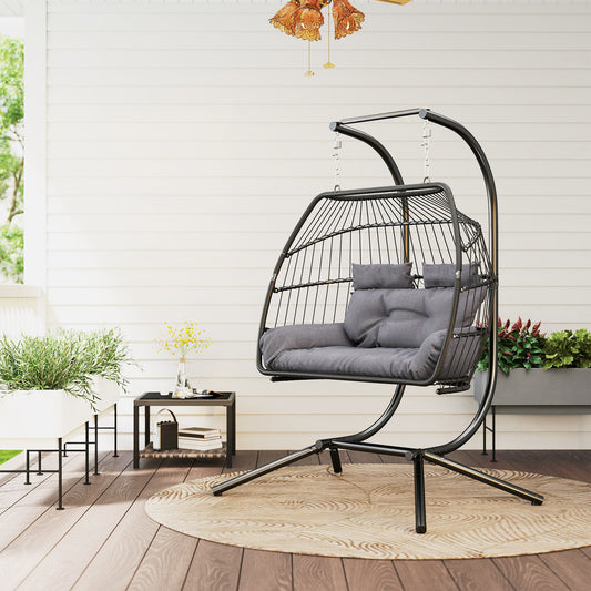 Outsunny Rattan Double Hanging Egg Chair With Stand Foldable Wicker Swing Cushion Pillows For Indoor Outdoor Dark Grey