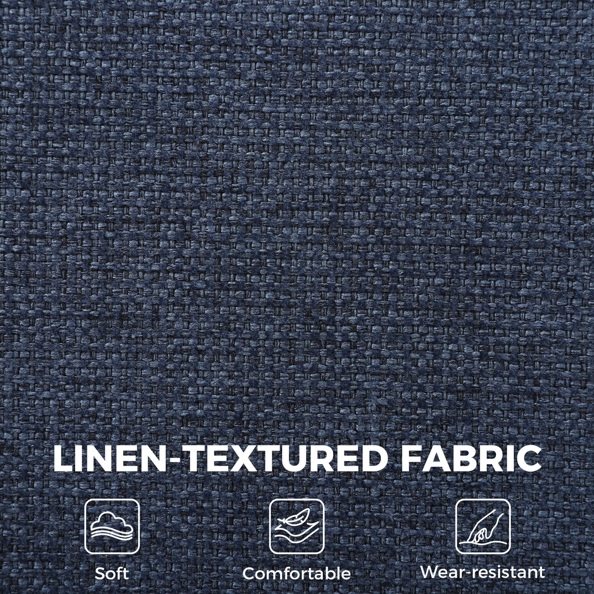 Blue linen-textured upholstery fabric swatch with visible woven texture