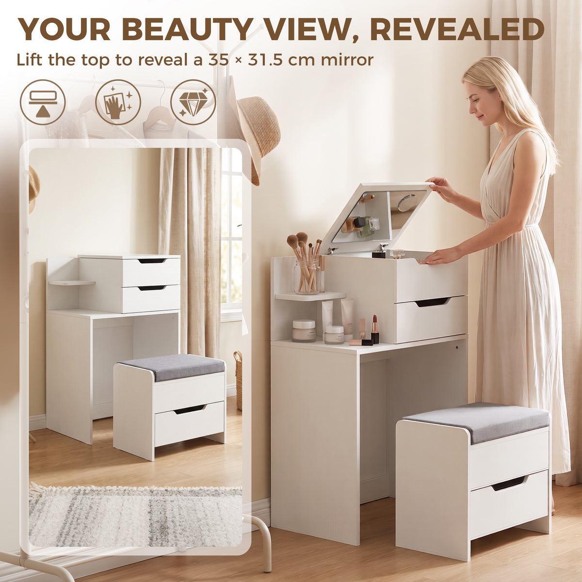 White vanity desk with open flip-top mirror and gray padded rolling stool.