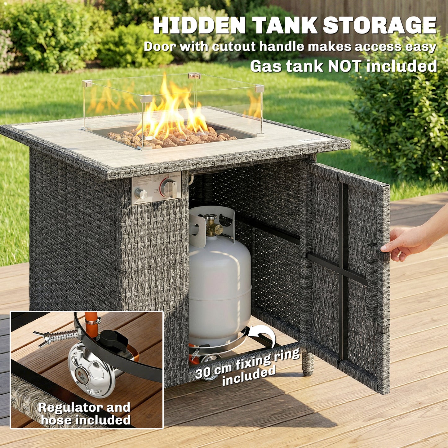 Outsunny 14.5 KW Rattan Gas Fire Pit Dining Table With Rain Cover Wind Guard Lid Lava Rocks Dark Grey